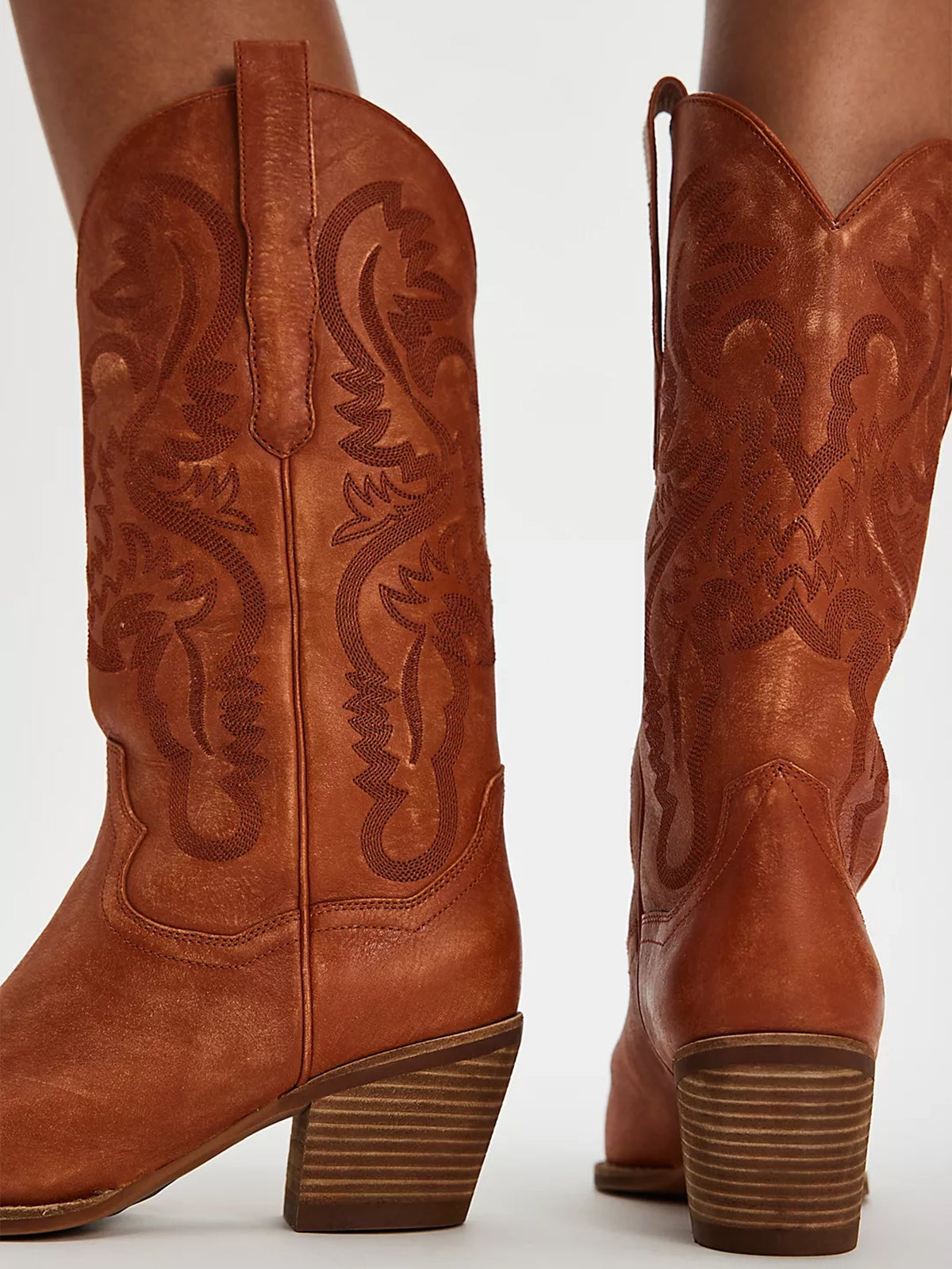 Distressed Tan Snip-Toe Western Embroidery Mid Calf Cowgirl Boots
