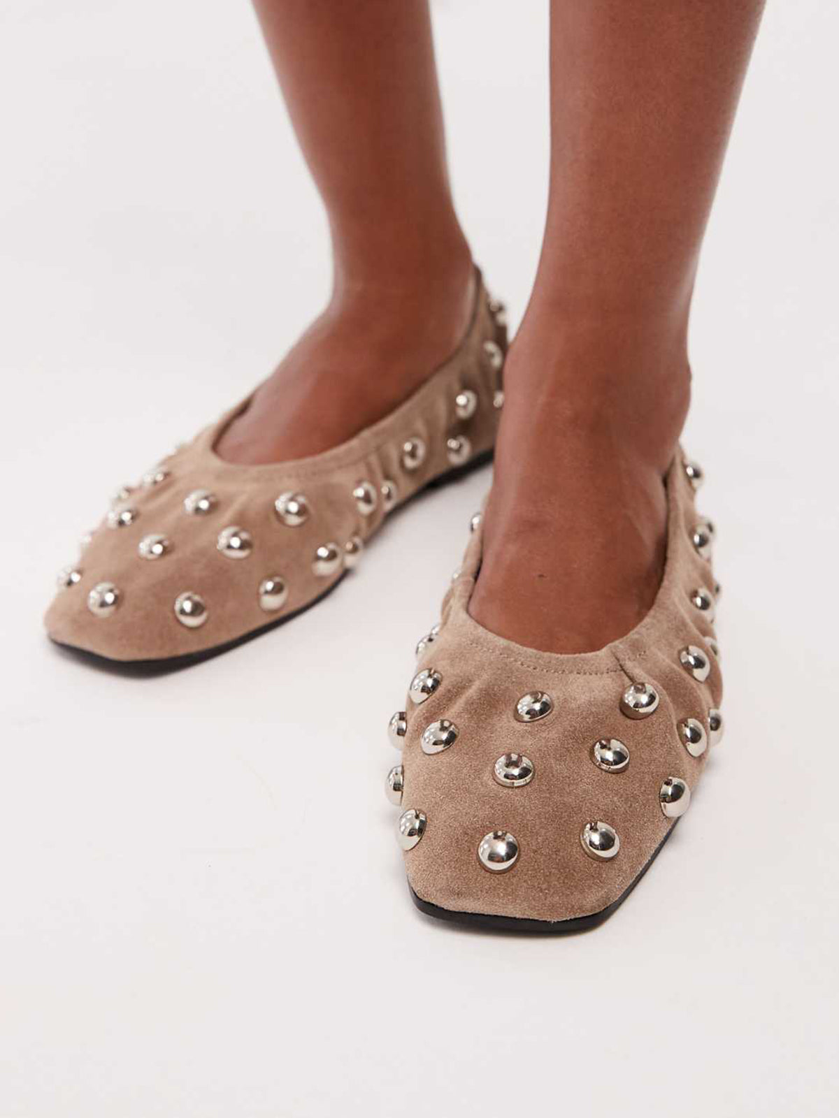 Taupe Faux Suede Square-Toe Studded Scrunch Ballet Flats