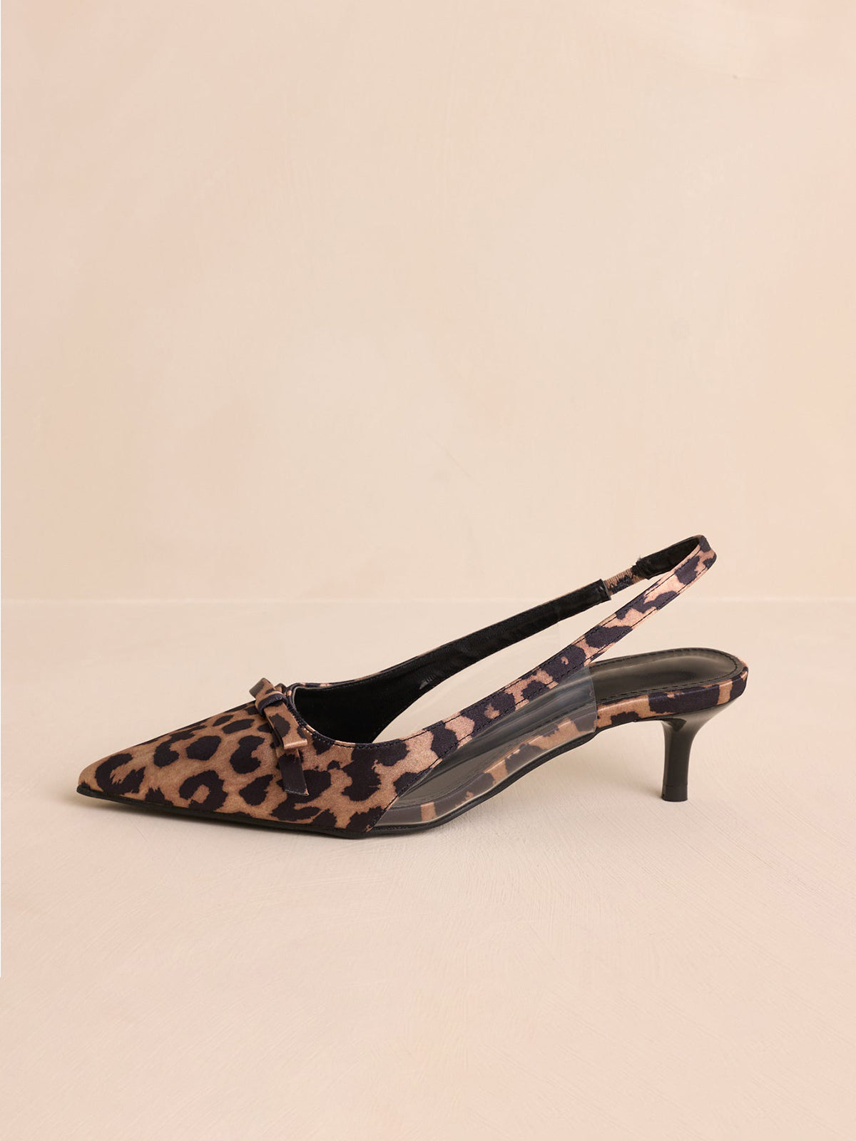 Leopard Satin Pointed-Toe Front Bow Slingback Kitten Heels With Transparent Film TPU