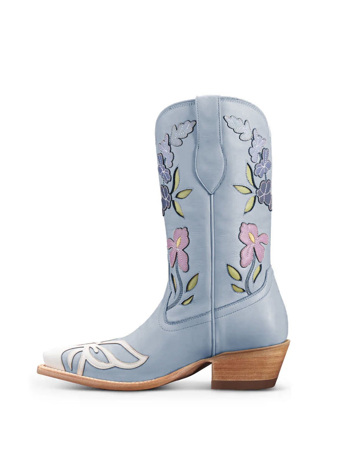 Light Purple Snip-Toe Flower Applique Mid Calf Pull On Cowgirl Boots