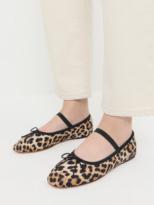Leopard Jersey Faux Suede Round-Toe Front Bow Ballet Flats