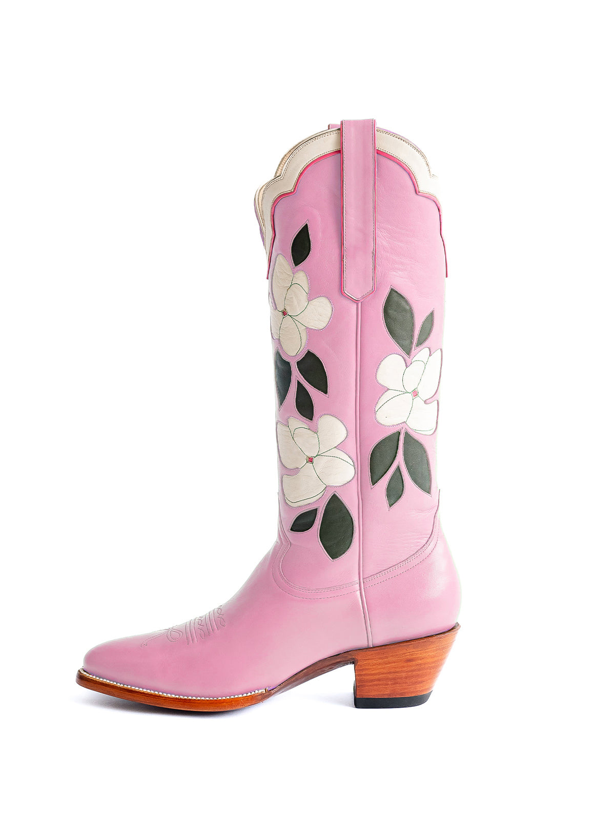 Pink Almond-Toe White Flower Inlay Wide Calf Knee High Cowgirl Boots