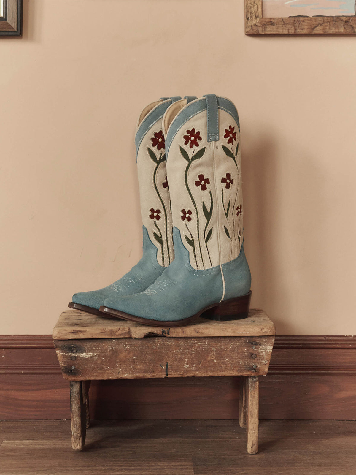 Contrast Bone And Blue Faux Suede Snip-Toe Floral Inlays And Stitch Mid Calf Cowgirl Boots