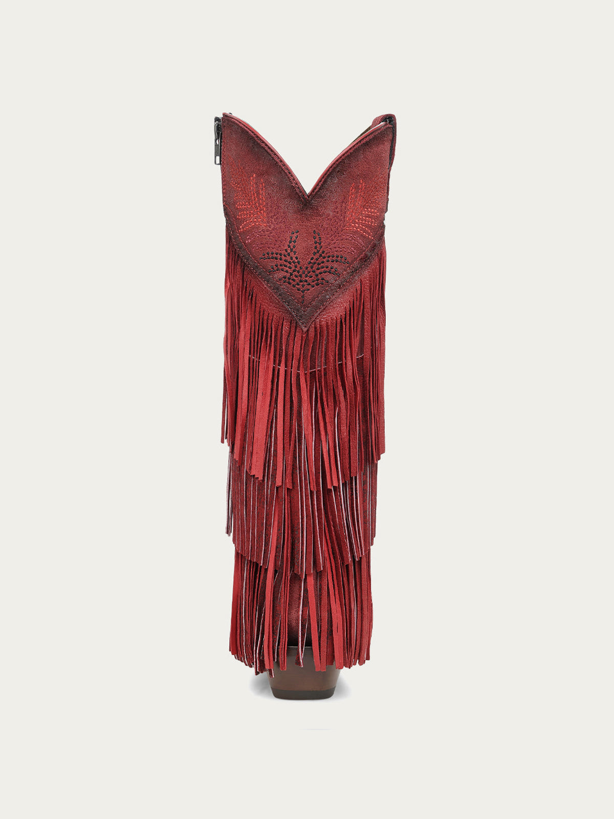 Red Faux Suede Snip-Toe Chic Fringe And Embroidery Full-Zip Knee High Cowgirl Boots