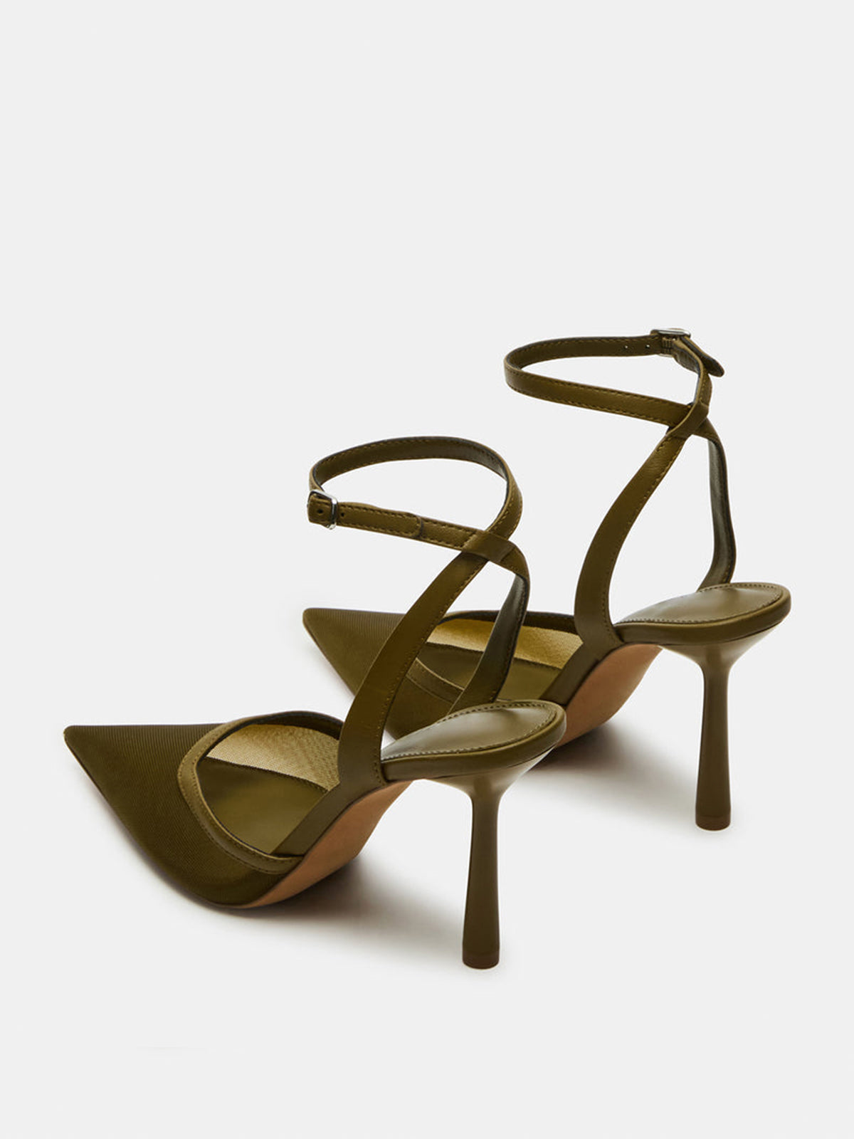 Mesh Pointed-Toe Ankle Strap Pumps High Heels - Brown