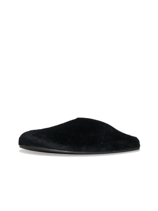 Black Pony Hair Vegan Leather Round-Toe Simple Slip-On Flat Slides