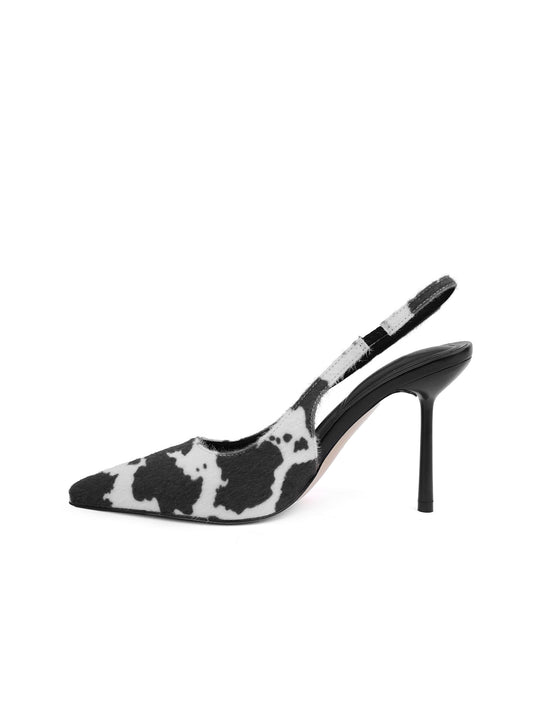 Black Cow Print Pointed-Toe Classic Slingback High Heels
