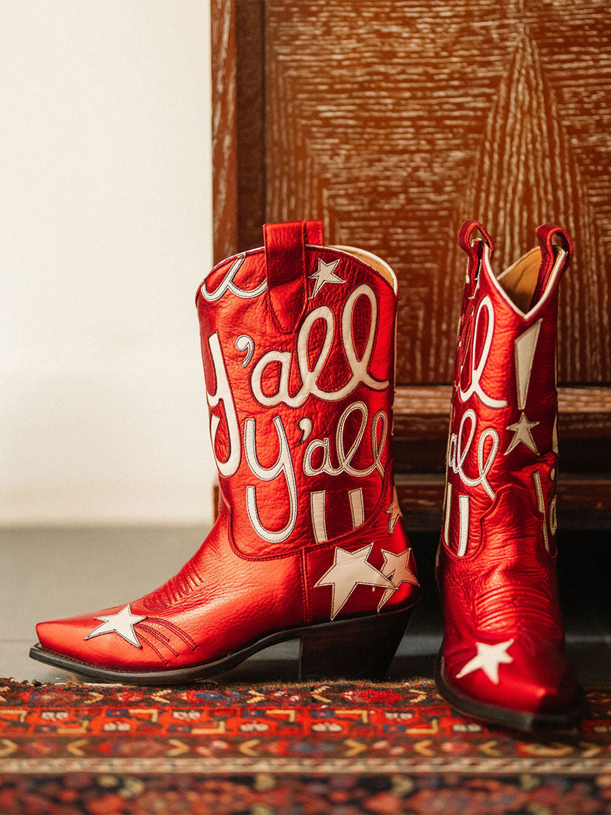 Metallic Red Snip-Toe Star And Letters Inlay Applique Mid Calf Cowgirl Boots