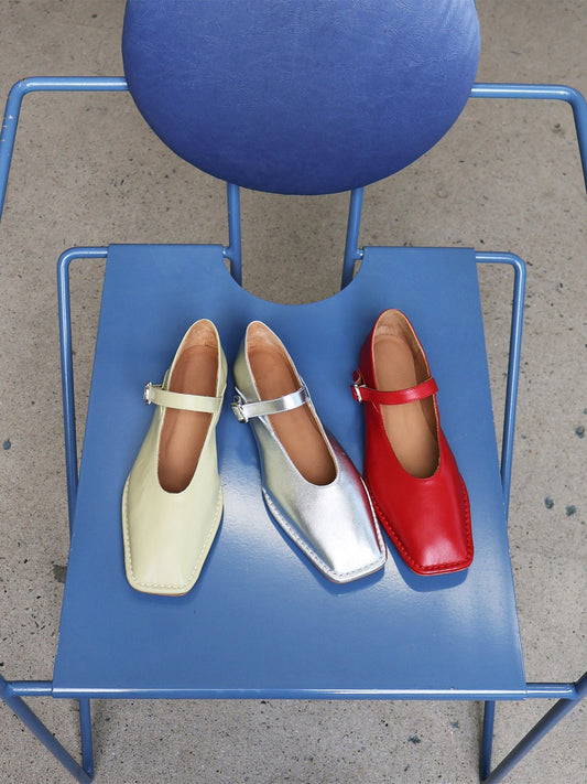 Cream Square-Toe Buckle Mary Jane Ballet Flats