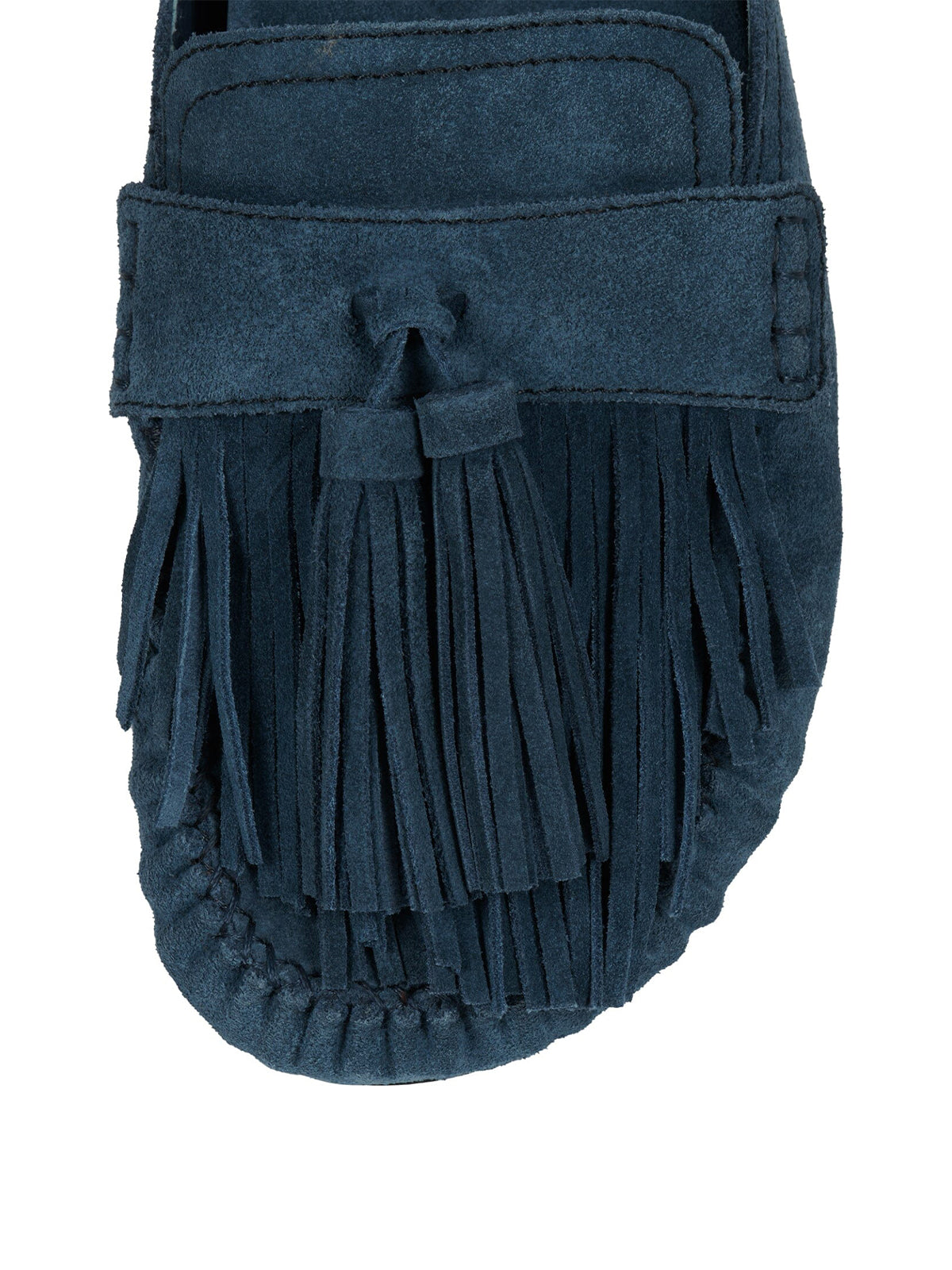 Blue Faux Suede Round-Toe Front Fringe Backless Slip-On Flats
