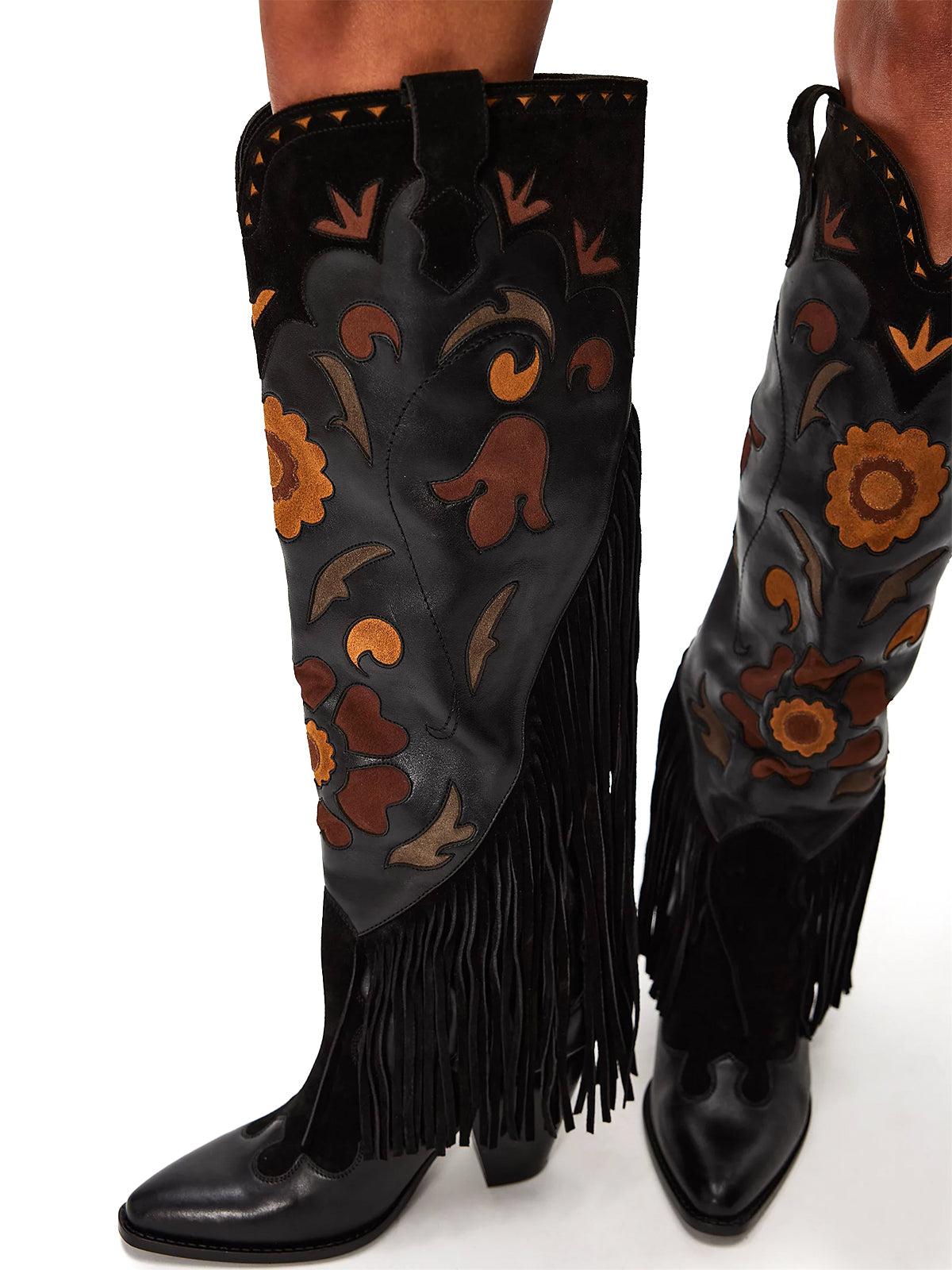 Black Pointed-Toe Faux Suede Flowers Inlay Fringe Knee High Cowgirl Boots