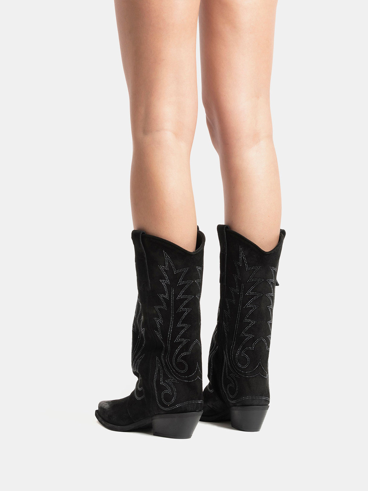 Black Snip-Toe Faux Suede Embroidery Classic Mid Calf Cowgirl Boots