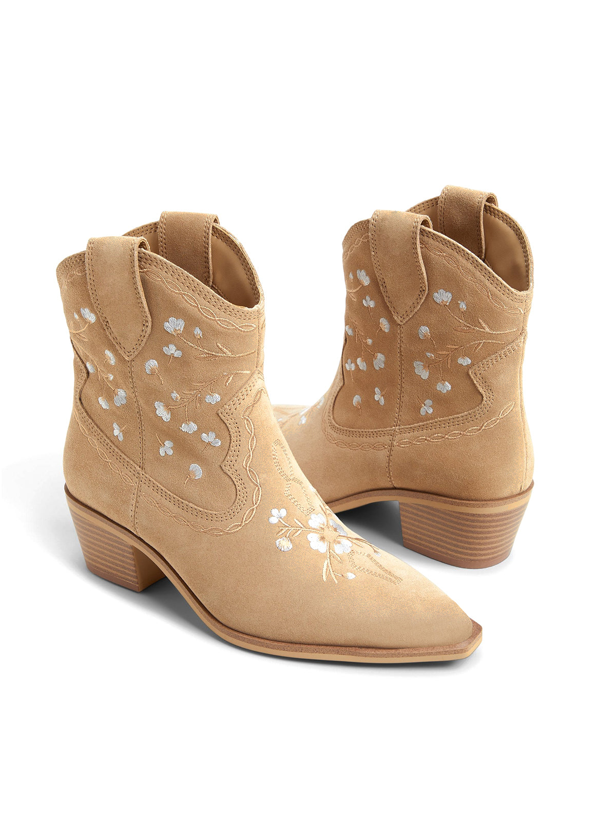 Beige Faux Suede Almond-Toe Floral Embroidery Ankle Cowgirl Boots