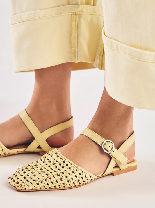 Light Yellow Vegan Leather Woven Square-Toe Ankle Strap Flats