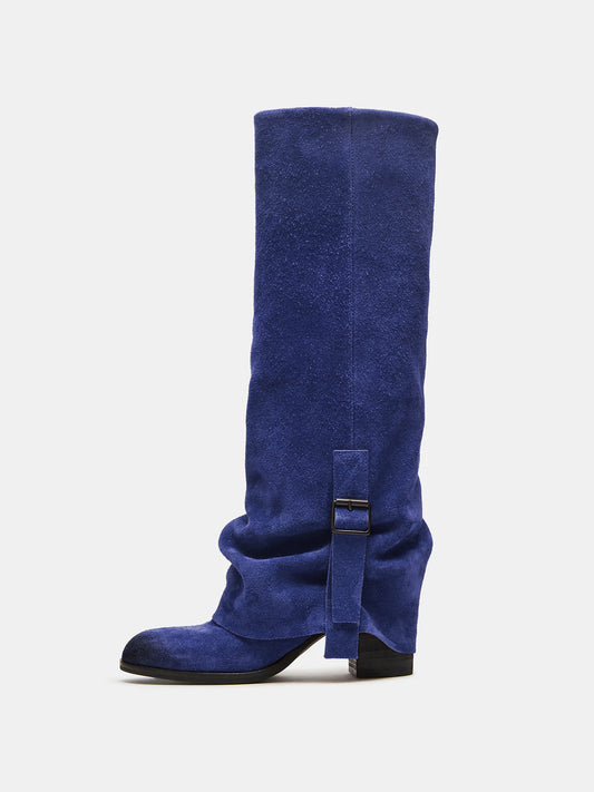 Lapis Faux Suede Round-Toe Fold-Over Adjustable Buckle Knee High Cowgirl Boots
