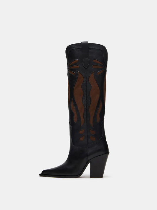 Black Pointed-Toe Inlays Knee High Tall Wide Calf Cowgirl Boots