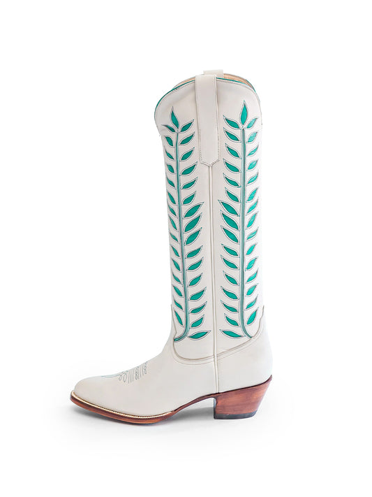 Almond-Toe Turquoise Leaves Inlay Wide Calf Tall Knee High Cowgirl Boots - White