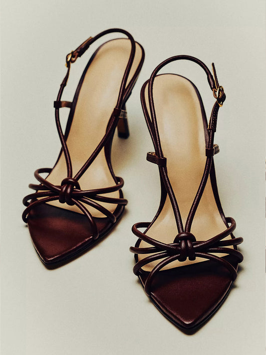 Chocolate Open Pointed-Toe Strappy And Buckle Slingback High Heels