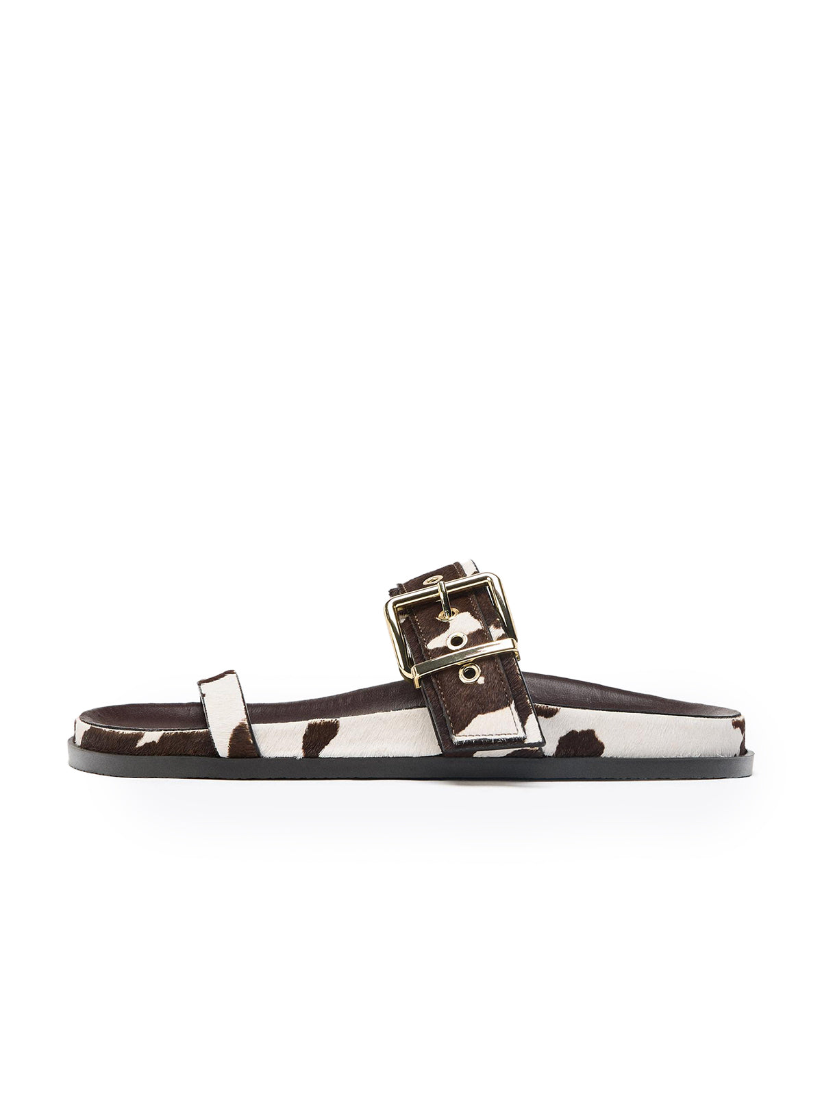 Cow Faux Pony Hair Round-Toe Double Bridge Strap Flat Sandals