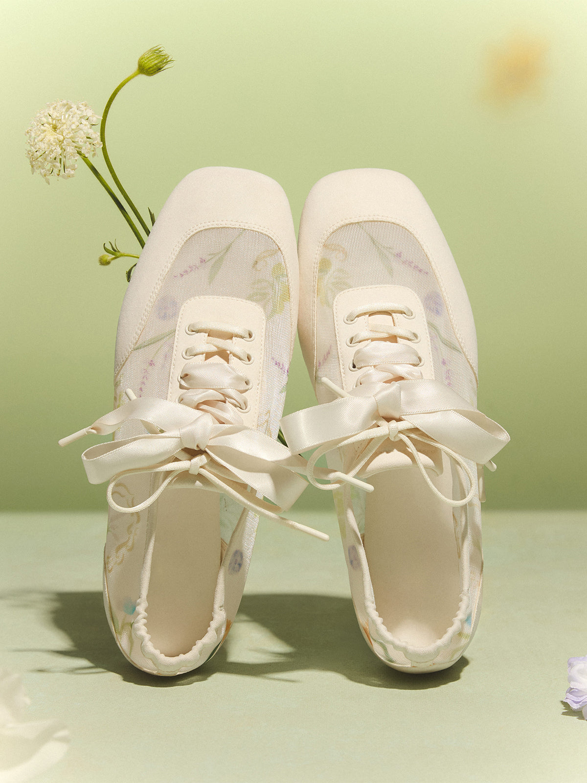 Cream Mesh And Faux Suede Square-Toe Floral Embroidery Lace-Up Flats