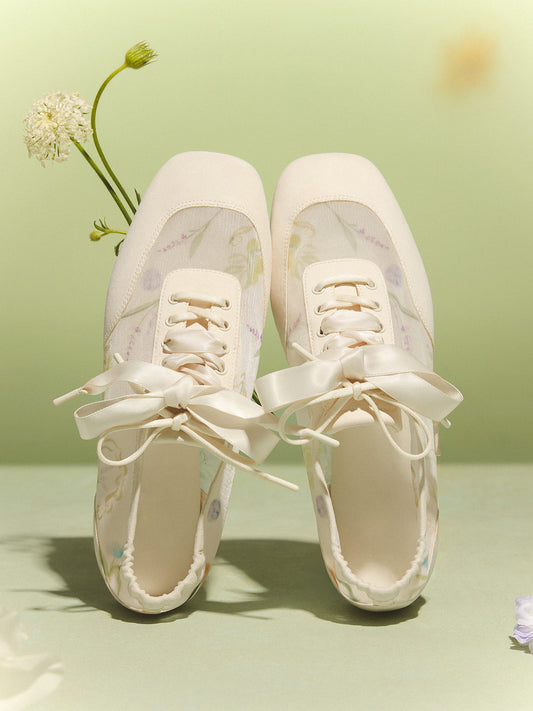Cream Mesh And Faux Suede Square-Toe Floral Embroidery Lace-Up Flats