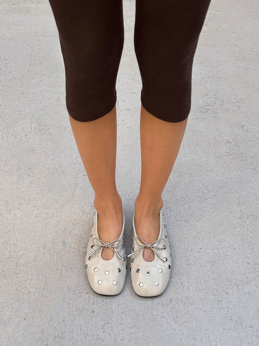 Ivory Square-Toe Full Studs And Front Bow Chic Ballet Flats