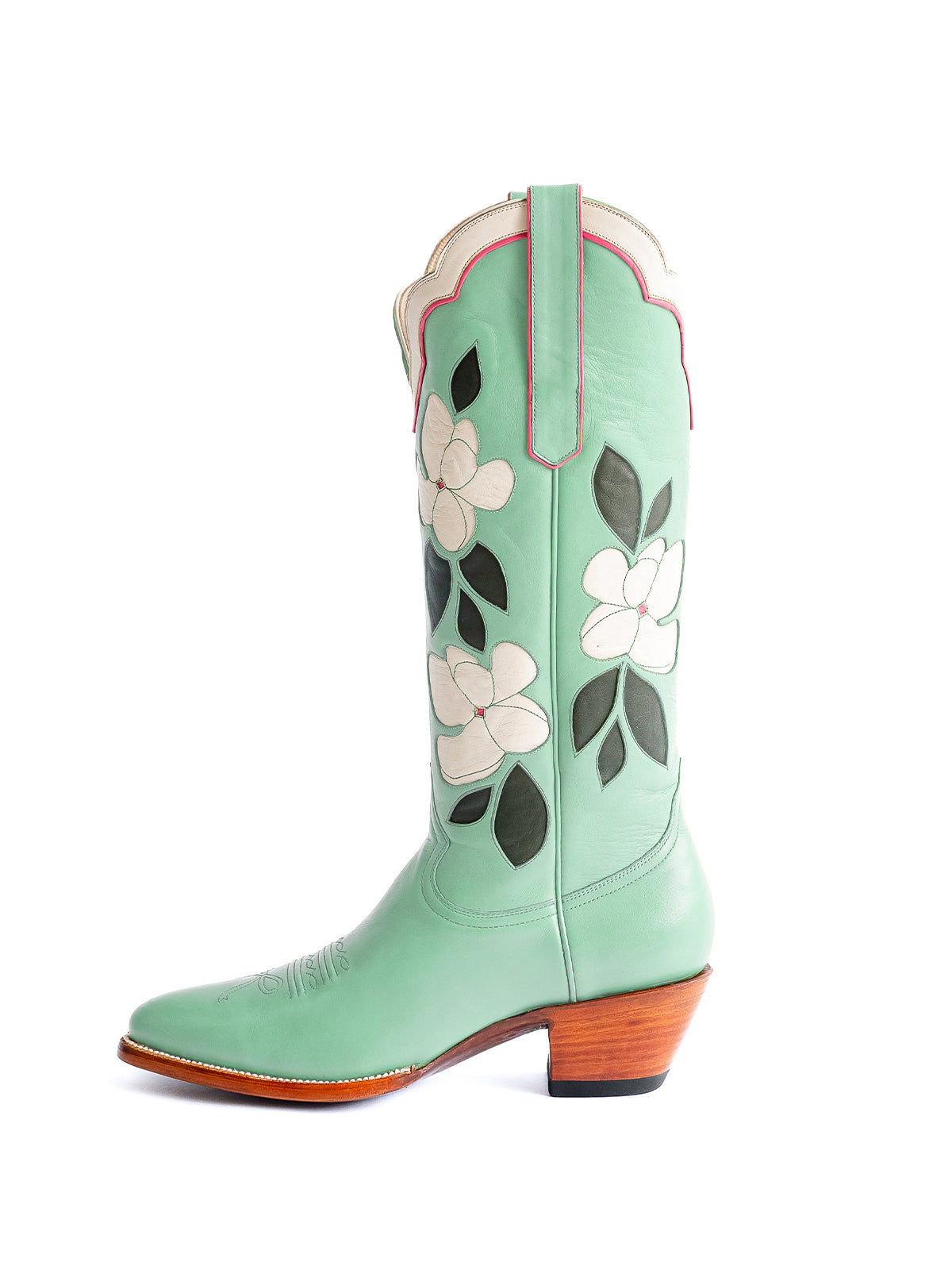 Mint Green Almond-Toe White Flower Inlay Wide Calf Knee High Cowgirl Boots