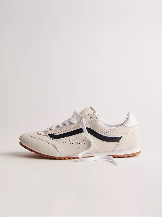 Cream Faux Suede Round-Toe Lace-Up Flats Sneakers