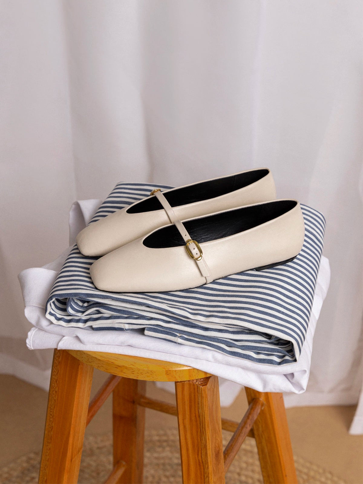 Ivory Square-Toe Buckle Mary Jane Ballet Classic Flats