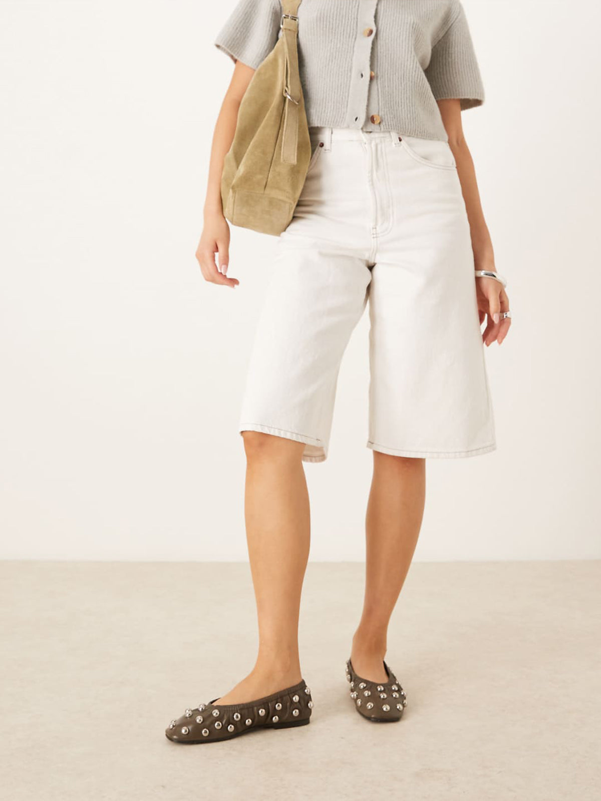 Olive Green Square-Toe Studded Scrunch Ballet Flats