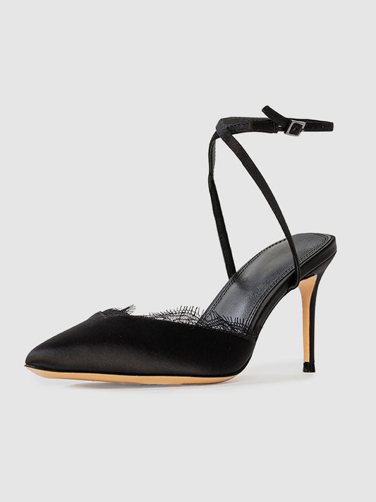 Black Satin Pointed-Toe Lace Upper Ankle Strap High Heels