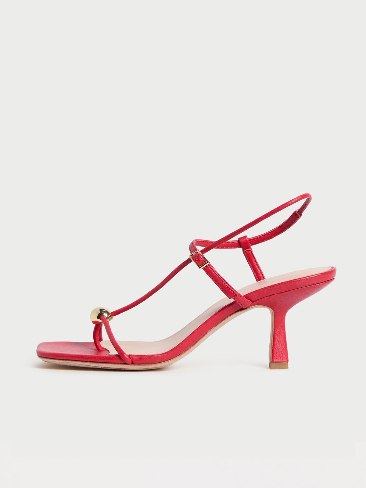 Red Square-Toe Buckle Strappy Kitten Heels With One Silver Ball