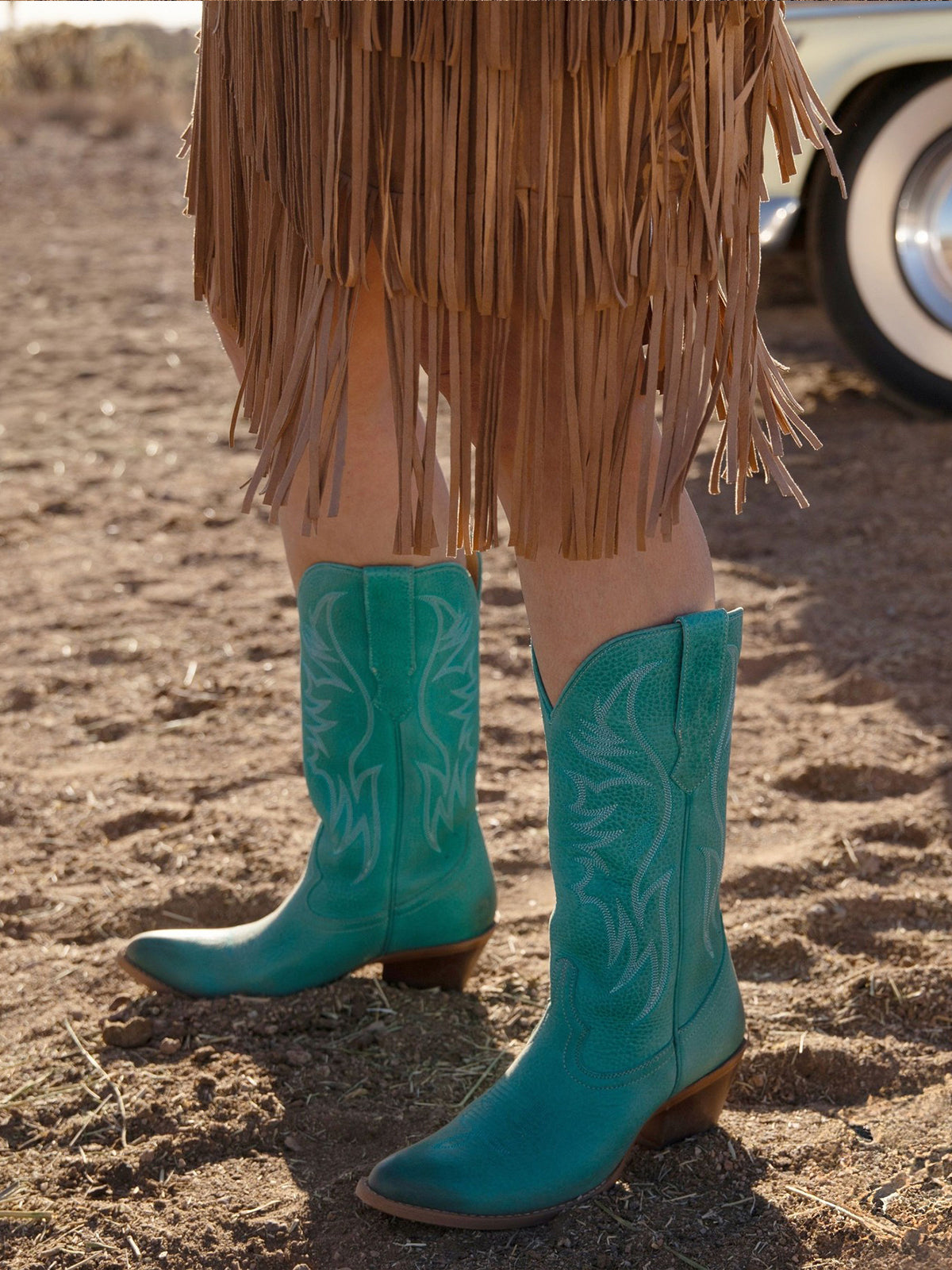 Distressed Turquoise Almond-Toe Embroidery Mid Calf Cowgirl Boots