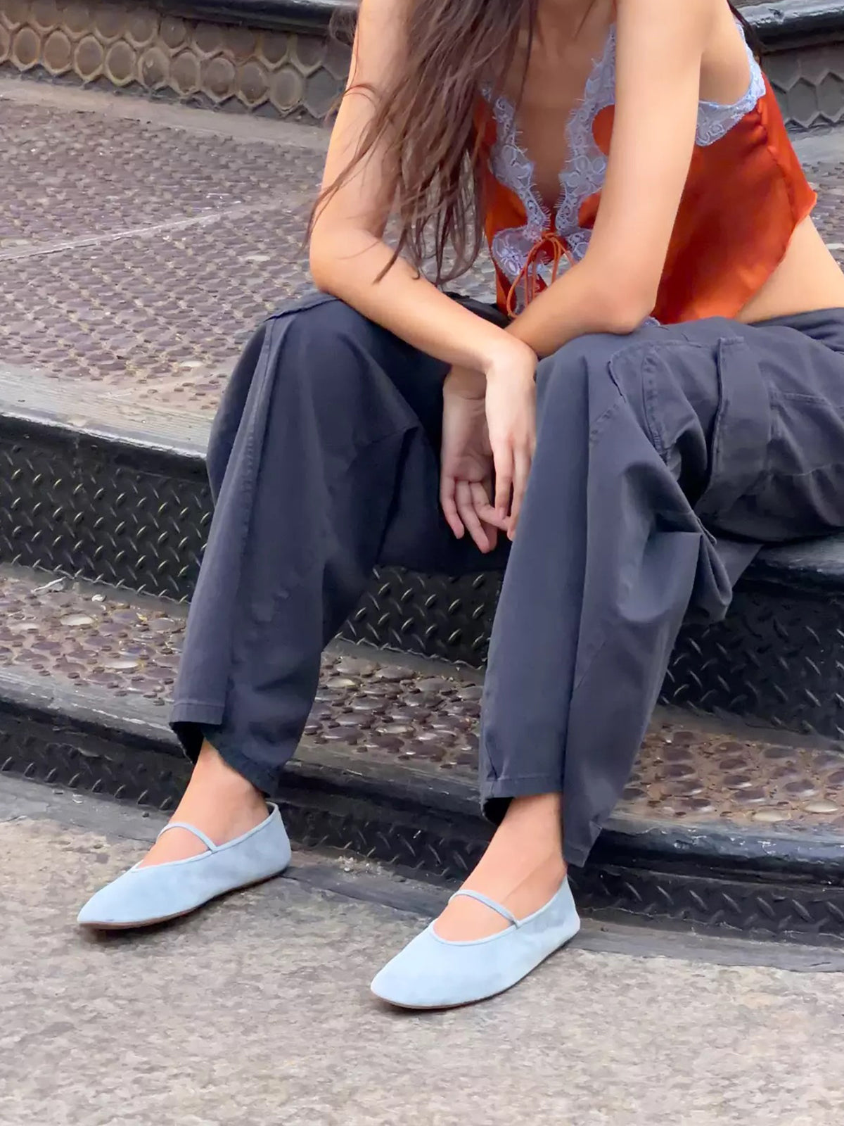 Dusty Blue Faux Suede Round Toe Ballet Flats Mary Janes With Elastic Strap
