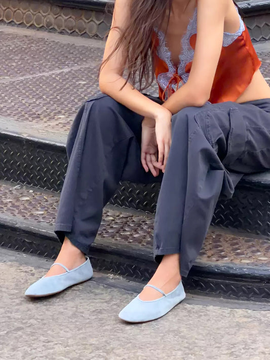 Dusty Blue Faux Suede Round Toe Ballet Flats Mary Janes With Elastic Strap
