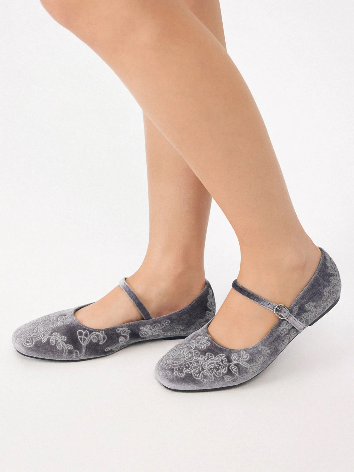 Gray Velvet Square-Toe Leaves Embroidery Chic Mary Jane Ballet Flats