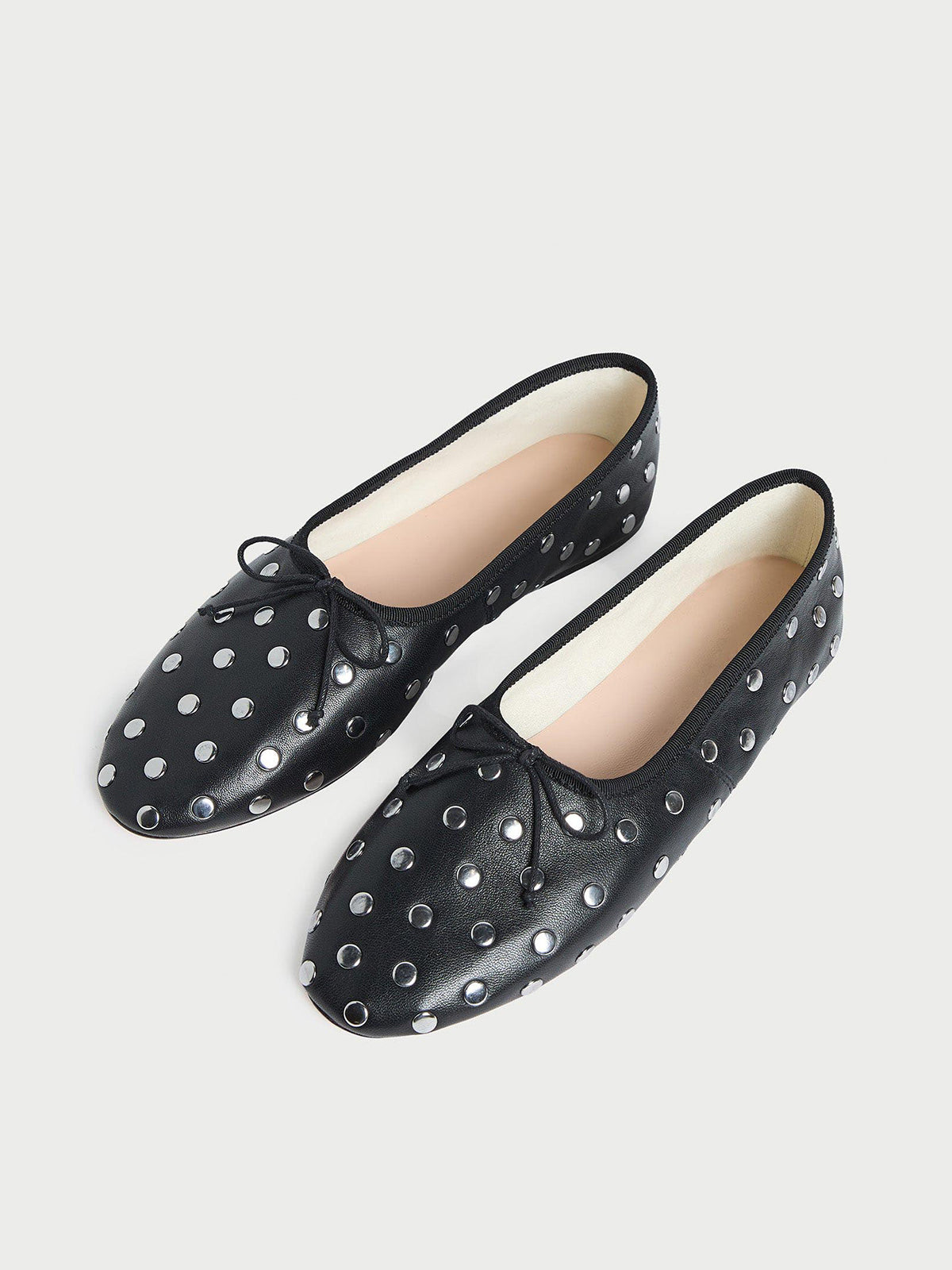 Black Round-Toe Front Bow Ballet Flats With Studs