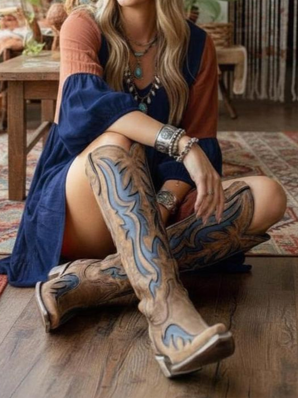 Distressed Cinnamon Snip-Toe Blue Inlays Full-Zip Knee High Cowgirl Boots