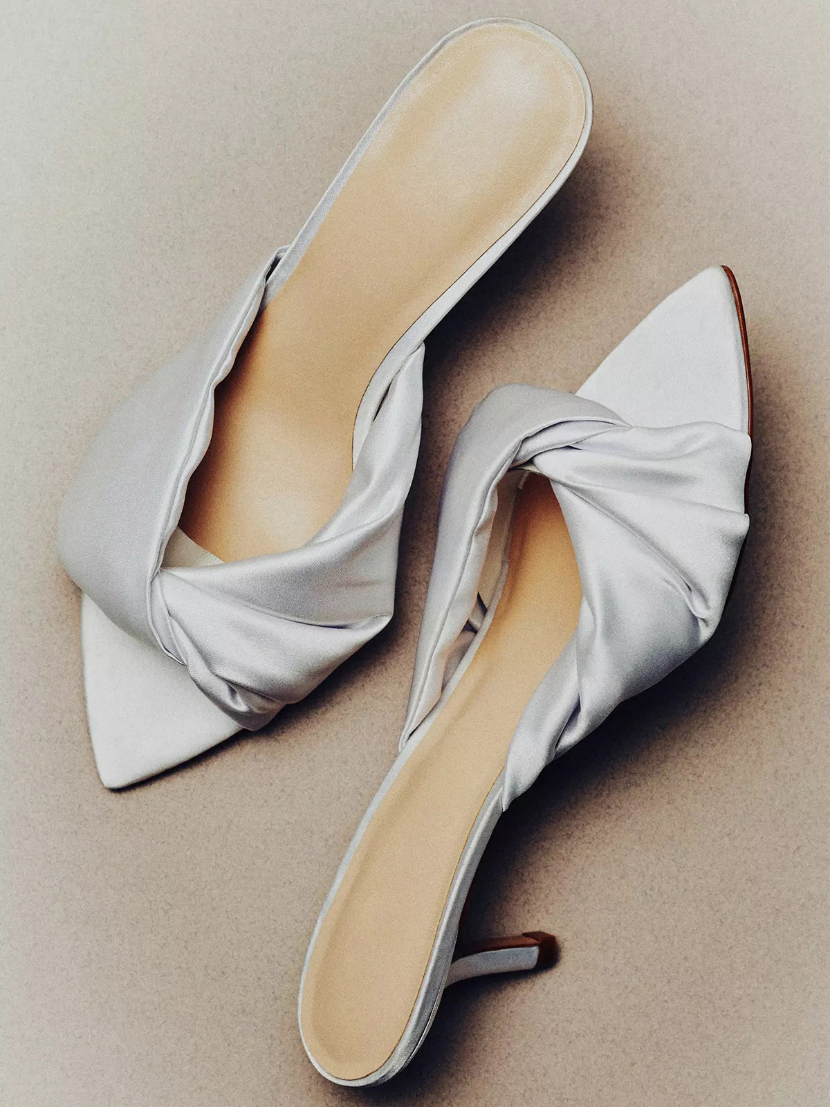 Satin Open Pointed-Toe Front Strap Backless Mules High Heels - White