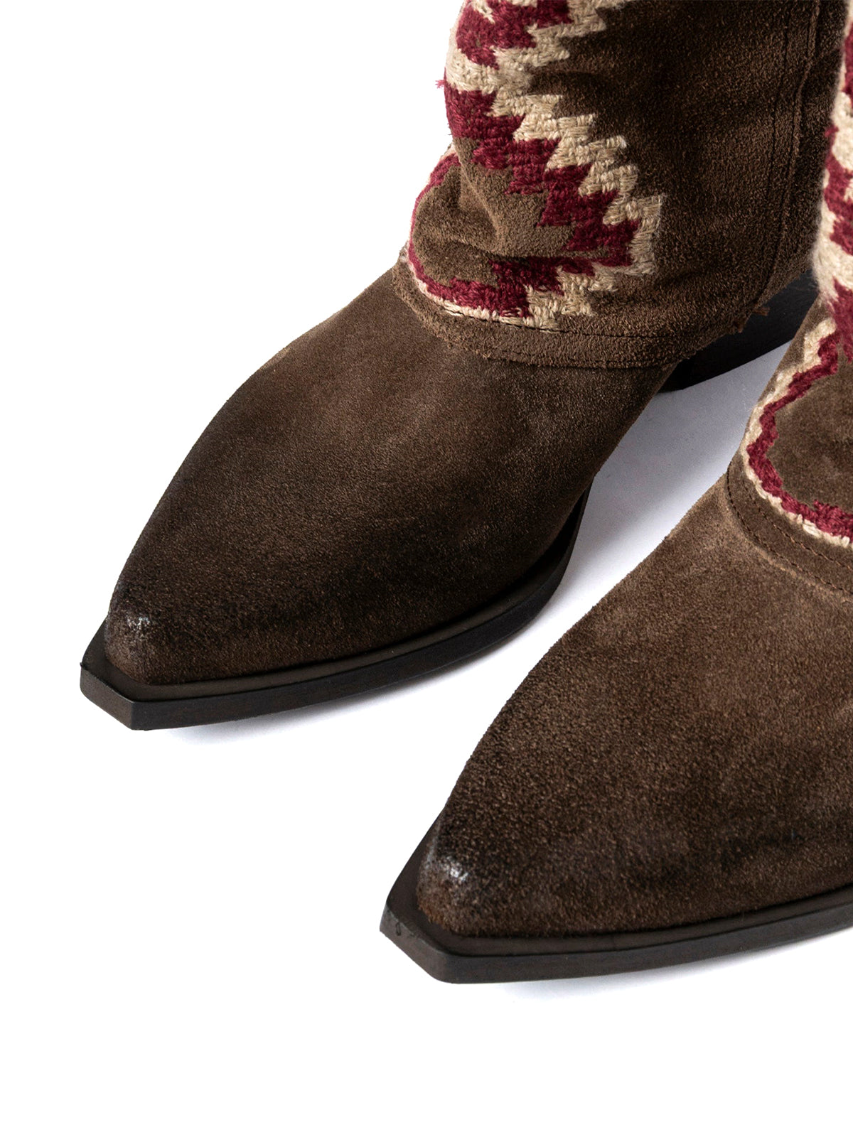 Side Fringe Snip-Toe Embroidery Fold-Over Mid Calf Cowgirl Boots - Coffee Faux Suede