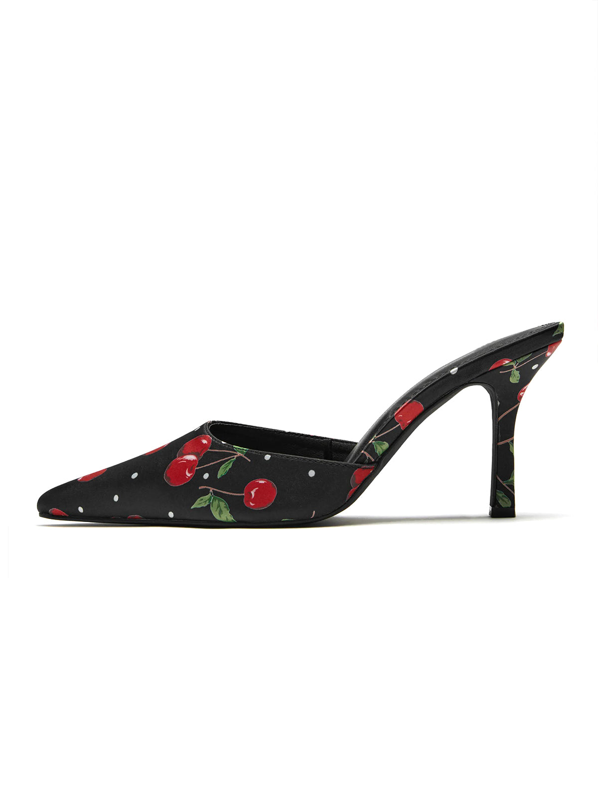 Black Satin Pointed-Toe Cherry Pattern Slip-On High Heels
