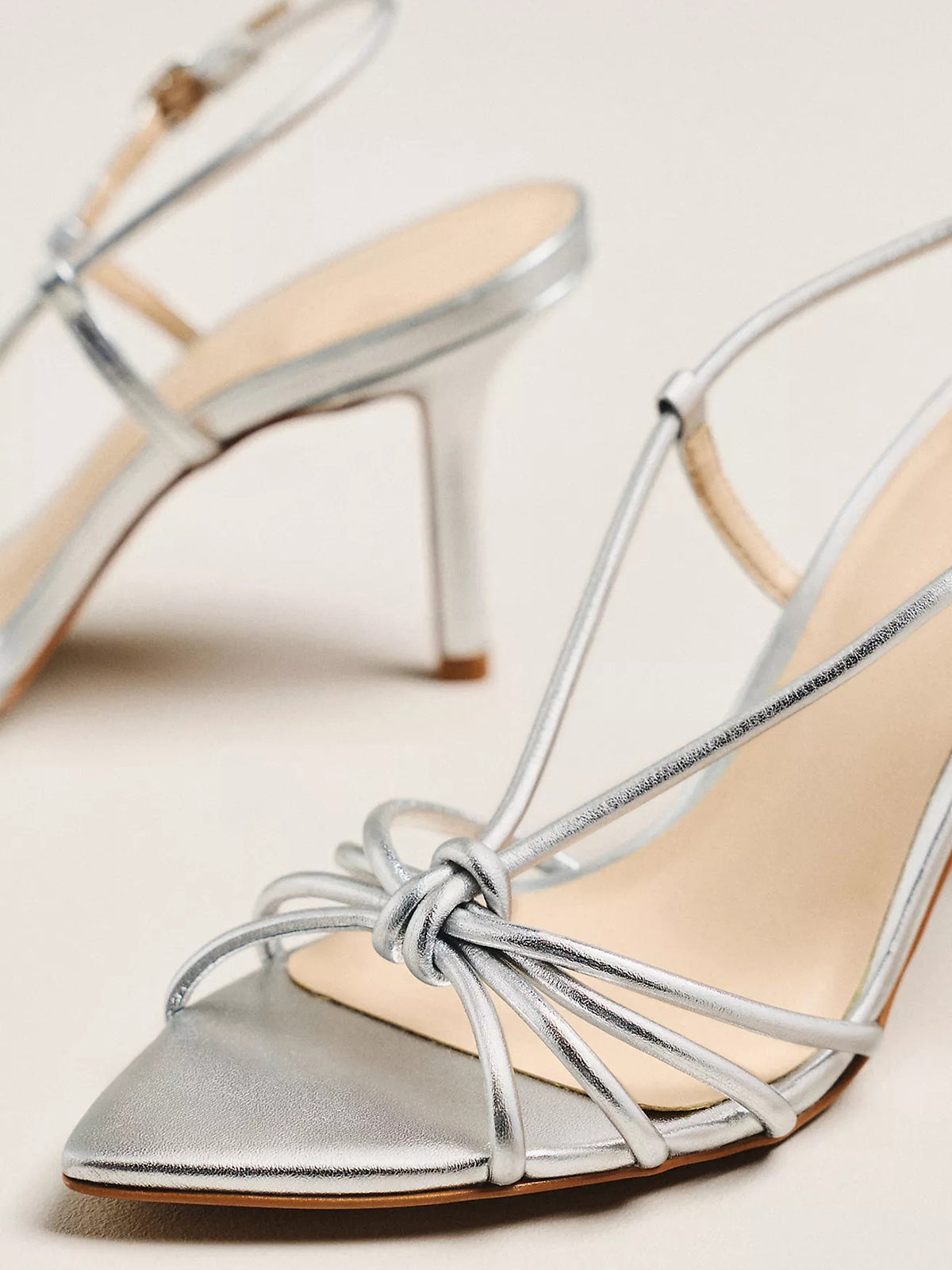Metallic Silver Open Pointed-Toe Strappy And Buckle Slingback High Heels
