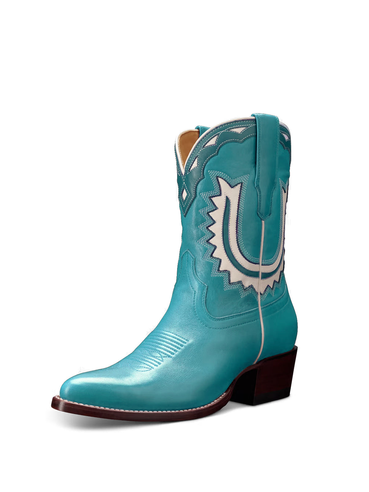 Blue Almond-Toe Horseshoe Inlay Cowgirl Ankle Boots