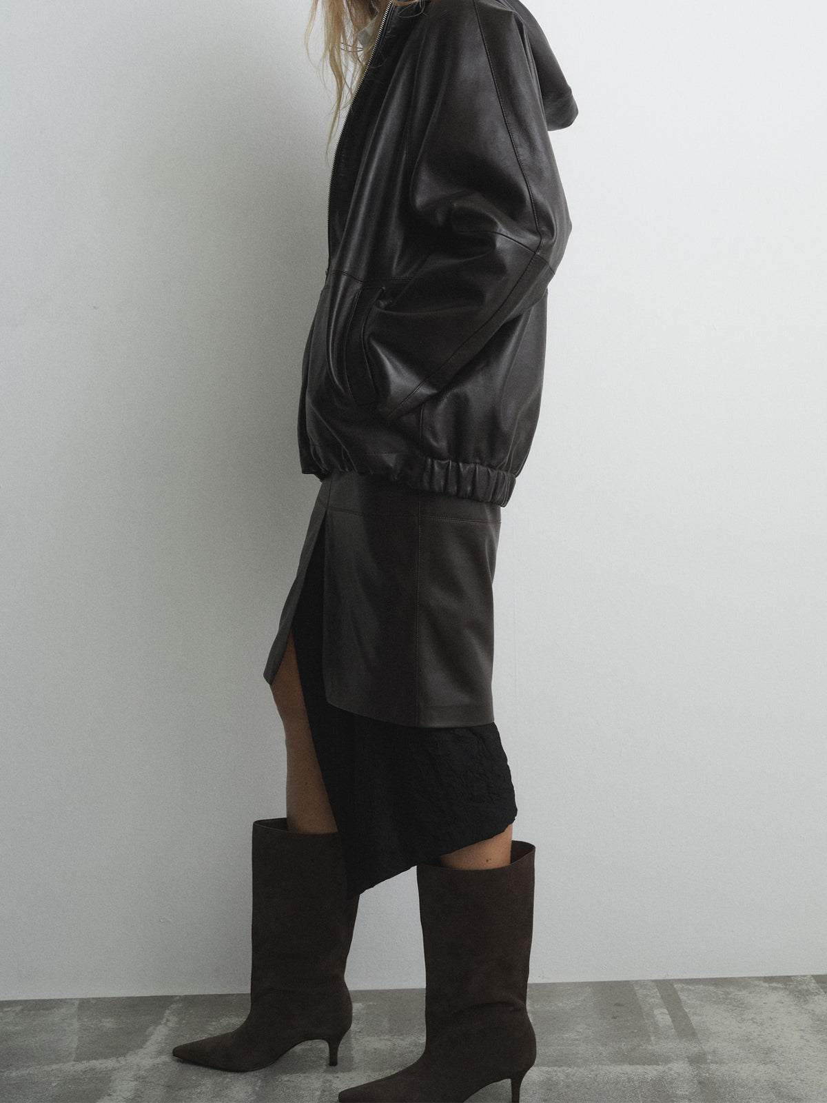 Chocolate Faux Suede Pointed-Toe Slip-On Mid Calf Stiletto Boots