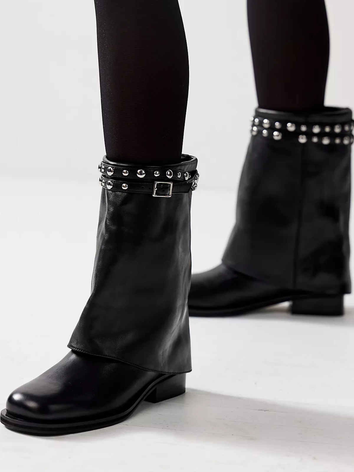 Black Round Square-Toe Fold-Over Wide Mid Calf Cowgirl Boots With Studded Straps