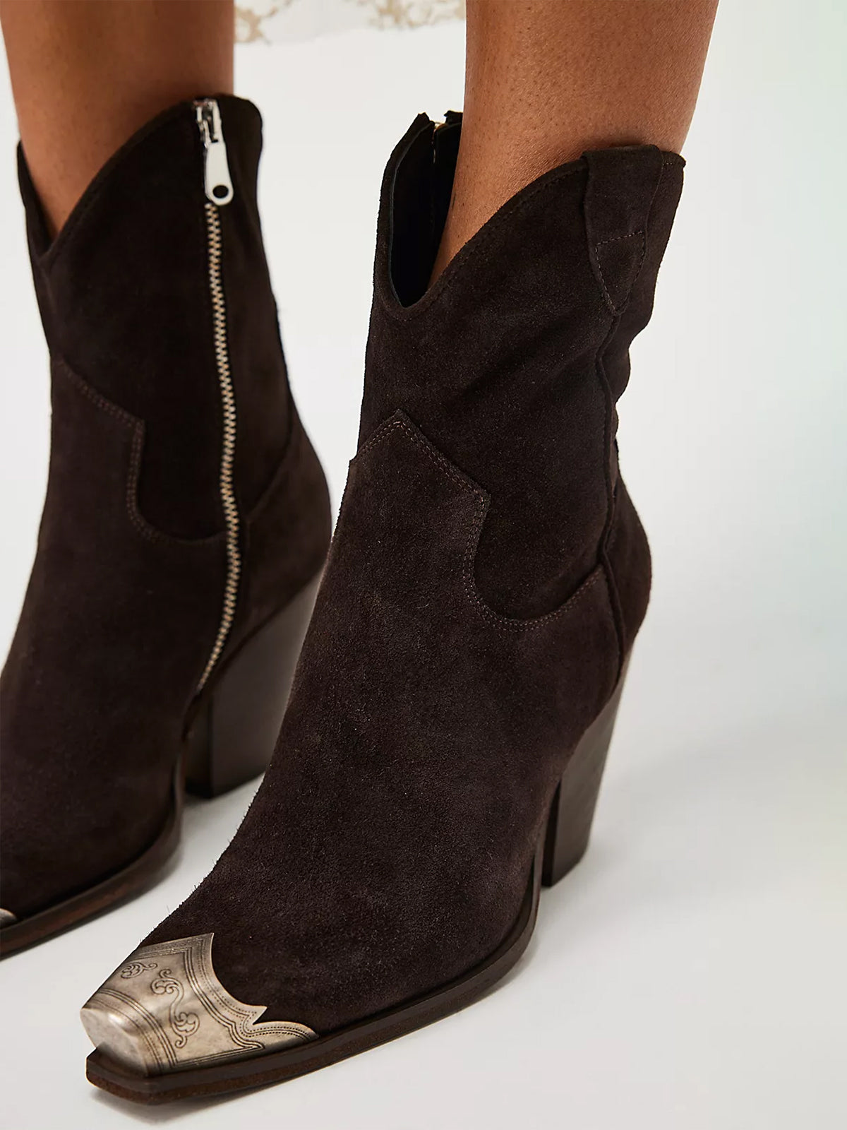 Metal Snip-Toe Full-Zip Classic Cowgirl Ankle Boots - Chocolate Faux Suede