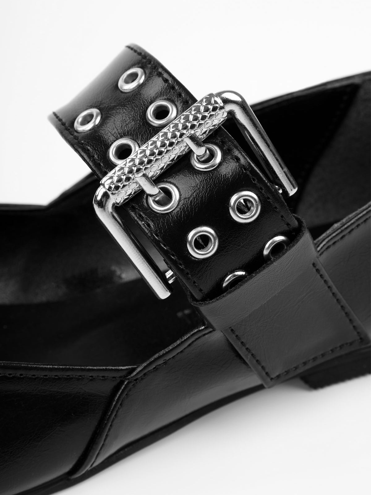 Black Square-Toe Buckle Bridge Strap With Eyelets Ballet Flats