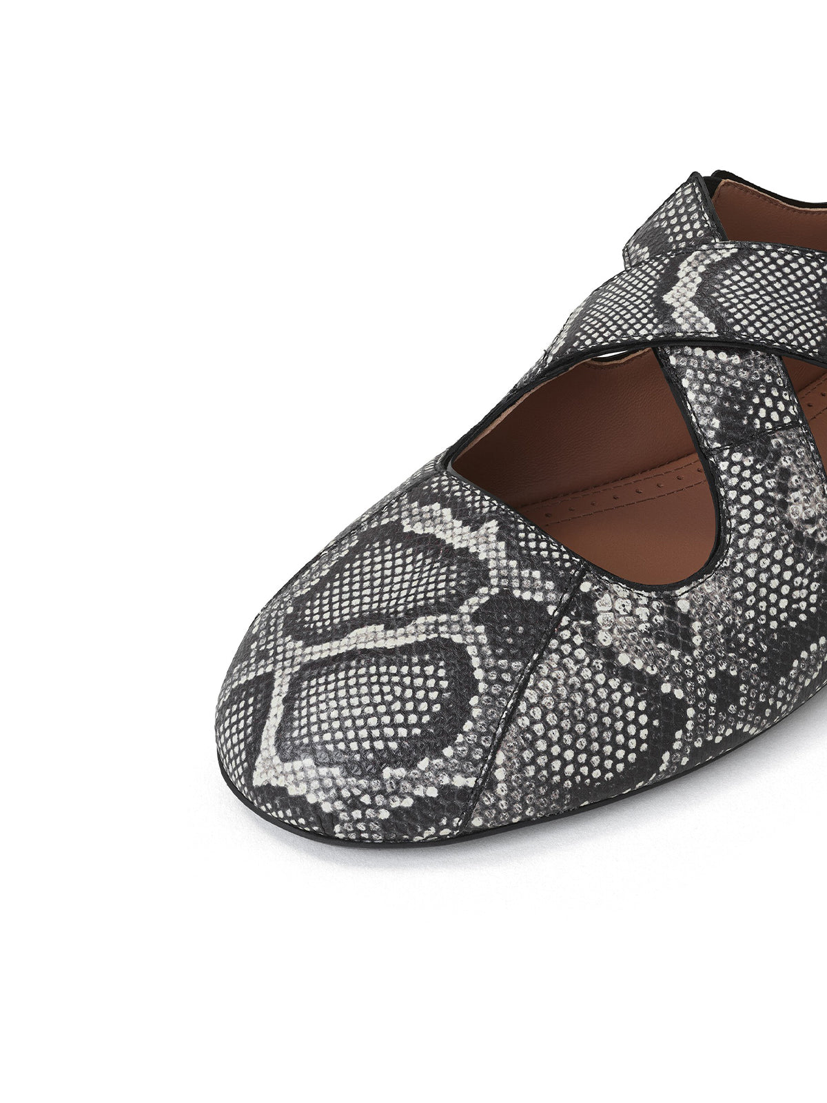 Snakeskin Round-Toe Criss Cross Strap Ballet Flats