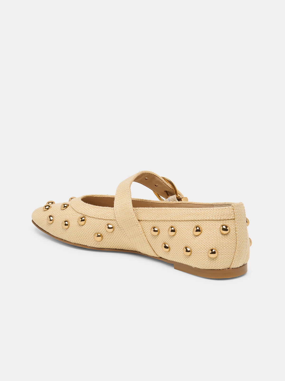 Beige Woven Square-Toe Studs And Mary Jane Ballet Flats