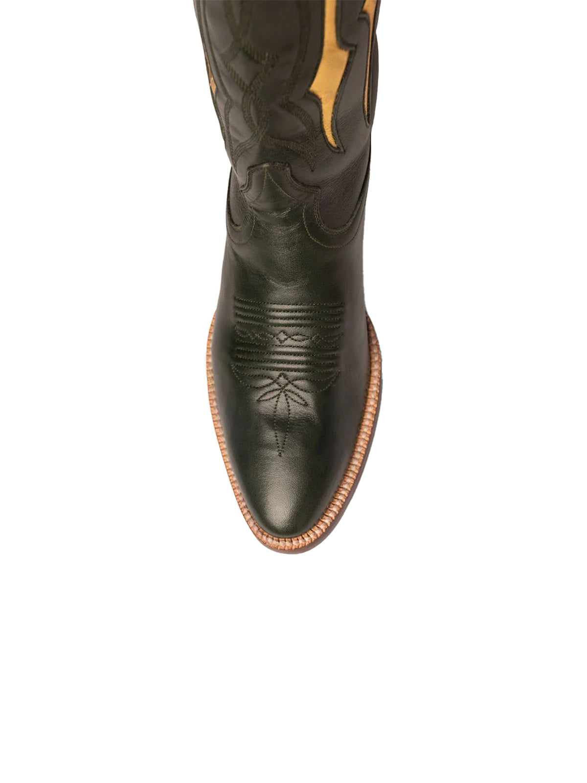 Green Contrast Metallic Gold Inlay Stitch Almond-Toe Wide Knee High Western Cowgirl Boots